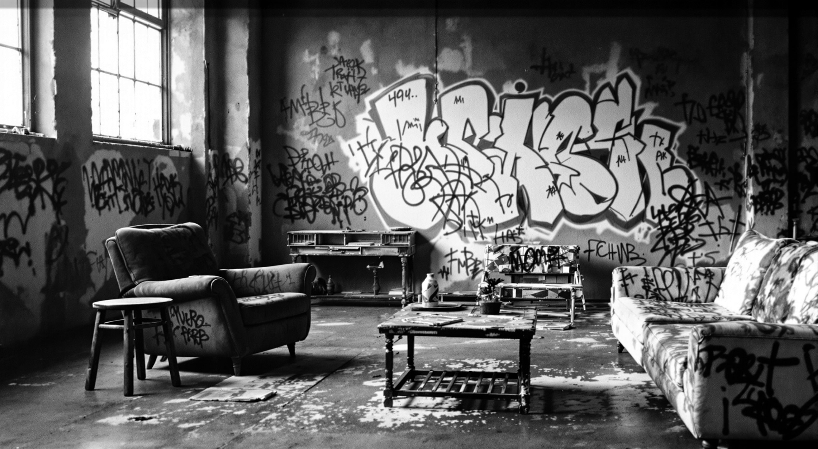 Graffiti-covered vintage furniture in a raw concrete warehouse